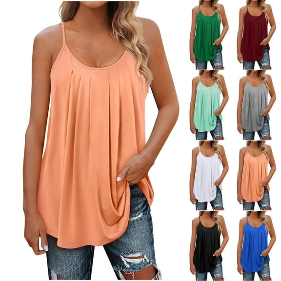 HAPIMO Women's Pleated Flowy Tank Tops Dressy Tunic Sleeveless Fitness Scoop Neck Shirts Workout Casual Elegant Tops for Teen Girls Solid Color Summer Beach Tees Black