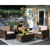Devoko 4 Pieces Patio Conversation Set PE Rattan Wicker Furniture Sofa Set Furniture Set, Beige