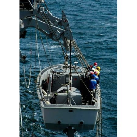 - A Landing Craft Personnel Large is lowered over the side of USS Saipan Poster Print by Stocktrek Images