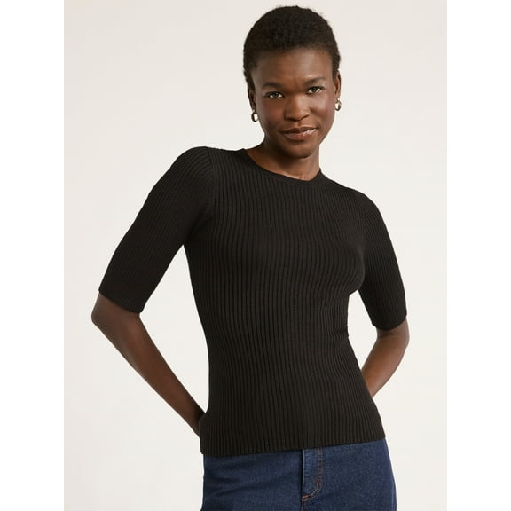Scoop Women's and Women's Plus Rib Knit Sweater with Elbow Length Sleeves, Lightweight, Sizes XS-4X