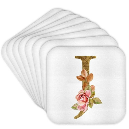 3drose, Elegant Image and Gold Boho Flower Monogram Initial J, Set of 8 Coasters - Soft
