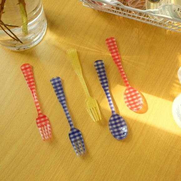 GROFRY Dessert Fork Plaid Pattern High Durability Acrylic Dessert Spoon Fork Outdoor Picnic Photography Props Home Supplies