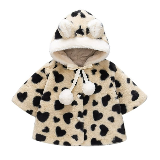 Lolmot Toddler Baby Girls Solid Color Heart Print Plush Cute Bear Ears  Winter Hoodie Thick Coat Jacket 