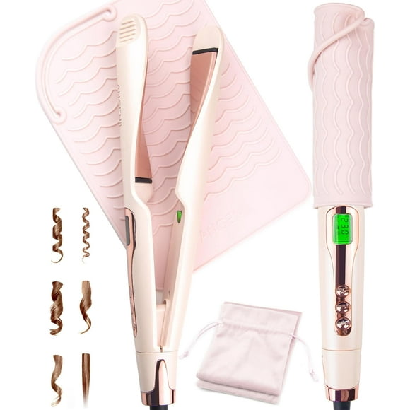 TEMOGU-Pro Fer à Lisser et à Friser 2 en 1, Fer à Cheveux à Double Tension avec Tapis Résistant à la Chaleur, Lisseur Rond Rose, Chauffage Rapide en 20S, Réglable 250-450°F pour Tous Types de Cheveux