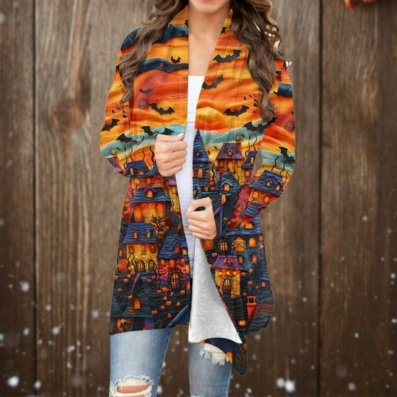 WXLWZYWL Halloween Cardigan for Women Plus Size Long Open Front Cardigans Halloween Pumpkin Pattern Cardigan Bat Cardigan