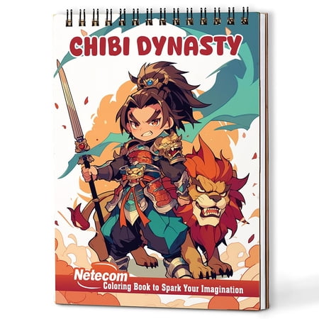 Netecom Chibi Dynasty Coloring Book Spiral Bound for Adults A5 Wooden Cover 30 Kawaii Coloring Pages of Ancient Characters in Anime Style for Stress Relief and Relaxation