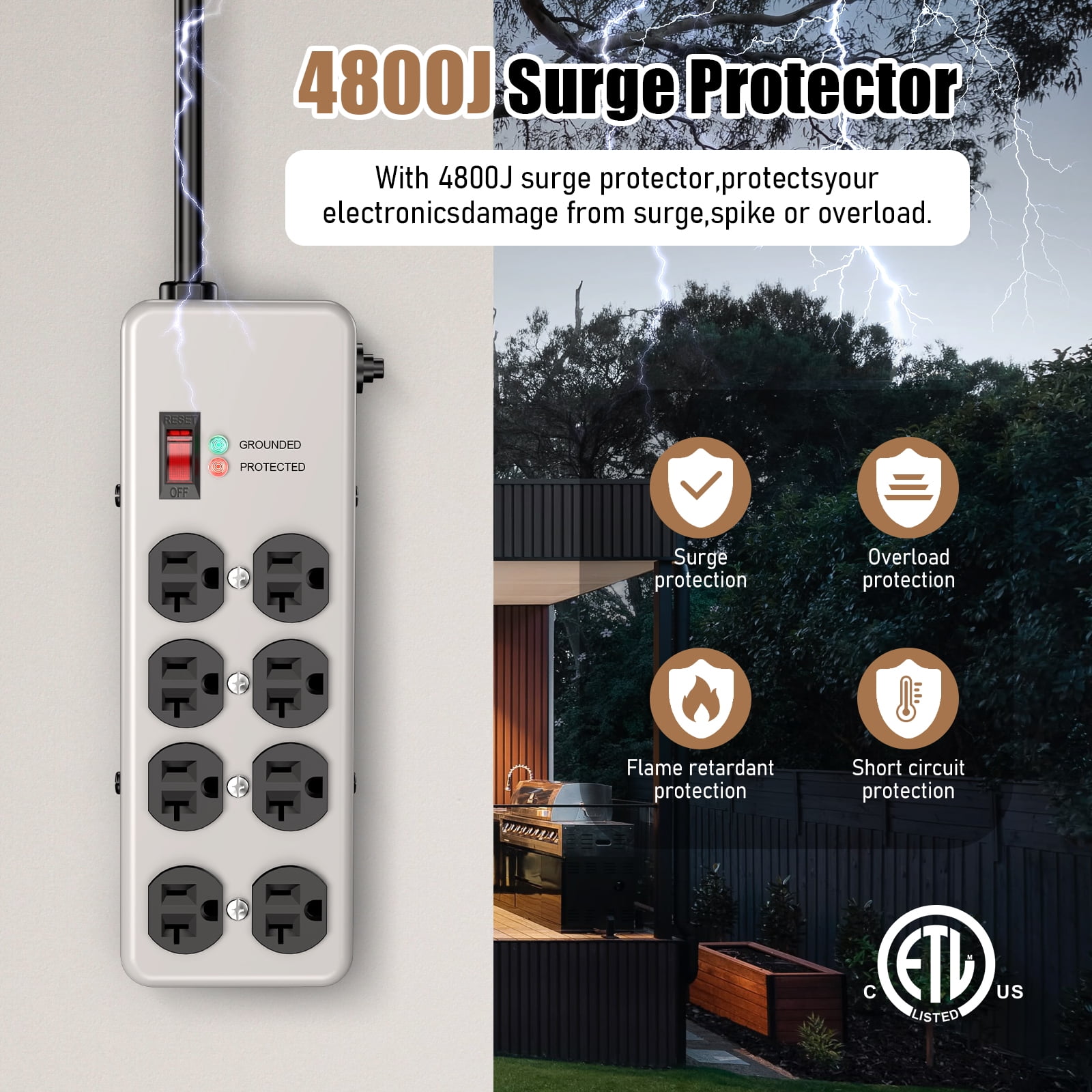 VILONG 20 Amp Metal Power Strip,Heavy Duty Electrical Surge Protector, 8-Outlet 4800J 2500W,6ft 12AWG Extension Cord Plug for Indoor/kitchen,Gray