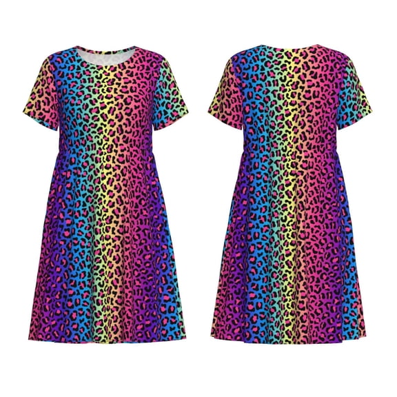 Horeoi Leopard Neon Rainbow Gradient Print Women's Short Sleeve Dress Breathable Polyester-Spandex All-Over Print A-Line Side Pockets Elastic Waist