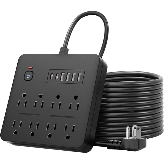 Meilimei 14-in-1 Power Strip with 8 AC Outlets & 6 USB Ports, 5.9ft Extension Cord 2500W Surge Protector, Black Desktop Charging Station with Flat Plug for Home Office Desk Organization