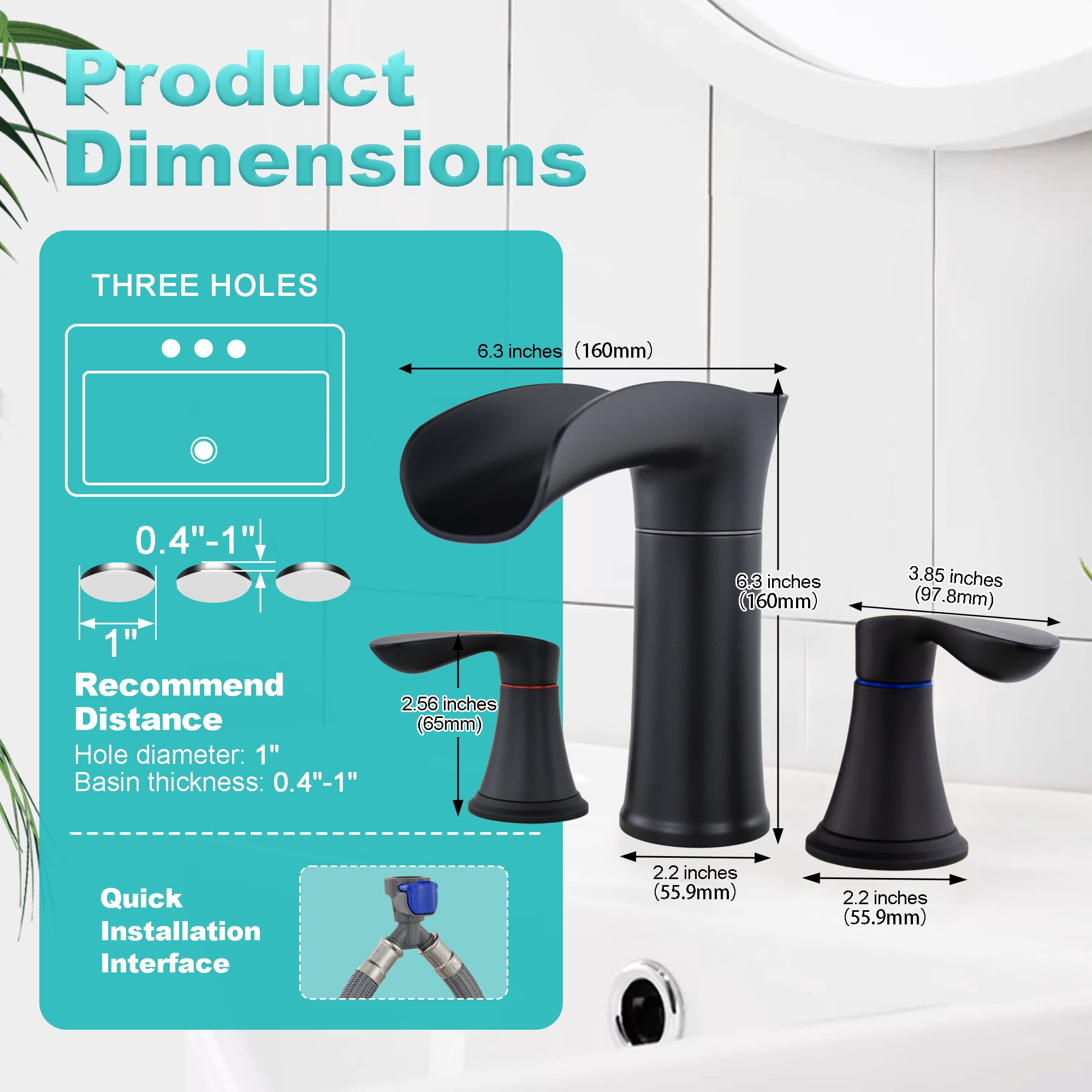 Sunrinx 8 Inch Bathroom Faucet Widespread 2-Handle Waterfall Sink Faucet Matte Black 360° Swivel 3 Hole with Pop Up Drain