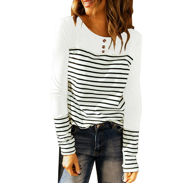 vbnergoie Womens Top Casual Loose Striped Round Neck Long Sleeve T Shirt  Women Tees And Tops Womens Active Womens Baseball Tee Gold 