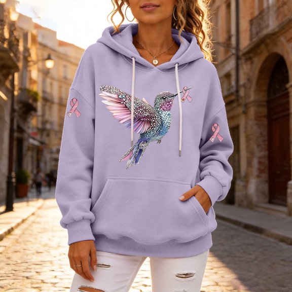 Domuza Breast Cancer Awareness Hoodie Women Pink Ribbon Wings Print Long Sleeve Pullover Sweatshirts ,in October We Wear Pink with Pocket Tops Light Purple L