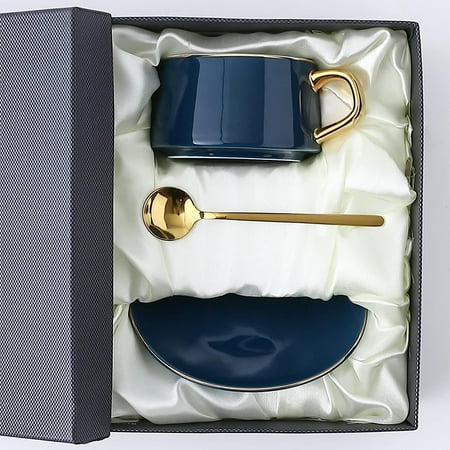 

XHUNGLE Elegant and stylish this black ceramic tea cup and saucer set is perfect for any occasion. Featuring a beautiful blue 260ml coffee mug it makes a thoughtful gift. Complete with
