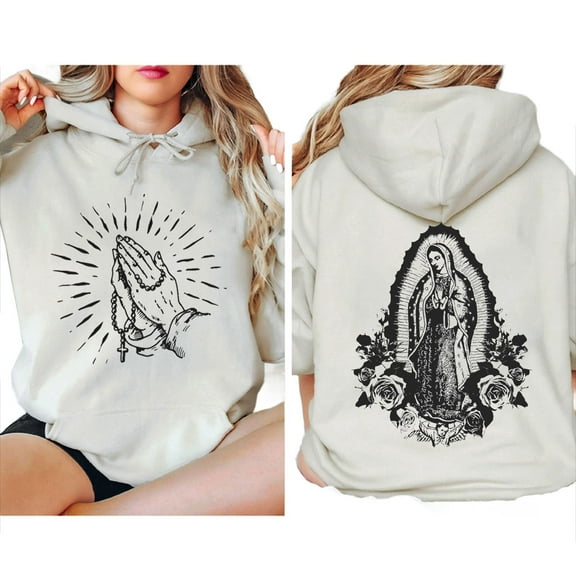 Unisex Catholic Hoodie, Virgen de Guadalupe Pray for Us Double-Sided Hoodie, Our Lady of Guadalupe Faith-Inspired Hooded Sweatshirt, Religious Devotion Pullover, Sizes S–5XL