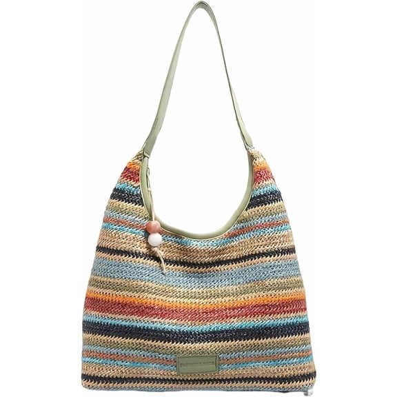 straw beach tote bag, summer vacation crochet purse, woven trendy colorful cute shoulder bag with zipper, beach stuff gifts for women