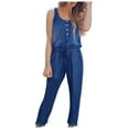 thumbnail image 2 of Dazajoo Womens Sleeveless Denim Overalls Dressy Casual One Piece Drawstring Waist Jean Jumpsuits Scoop Neck Straight Leg Work Rompers with Pockets 2024 Summer Dark Blue L, 2 of 6