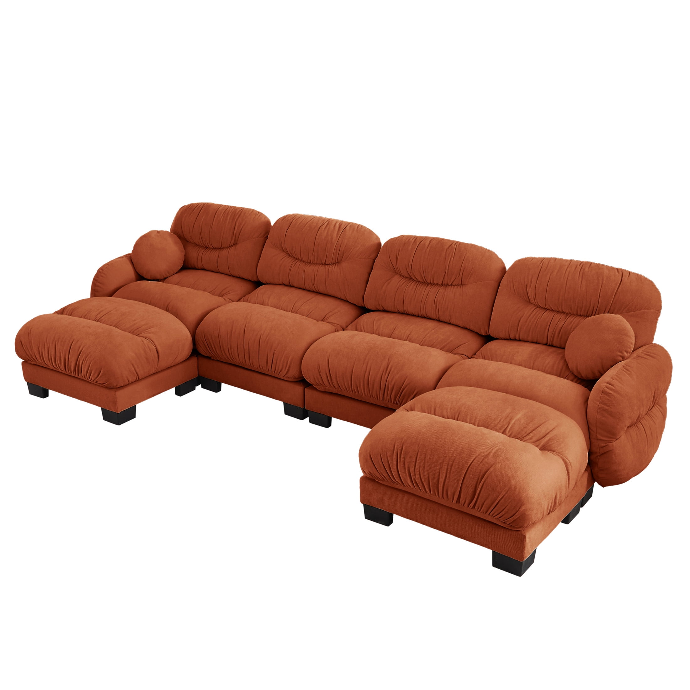 Noble House Corlan Pleated Chenille 4-Seater Sectional Sofa, Modular Deep Seat Couch with 2 Ottomans and Throw Pillows, Orange