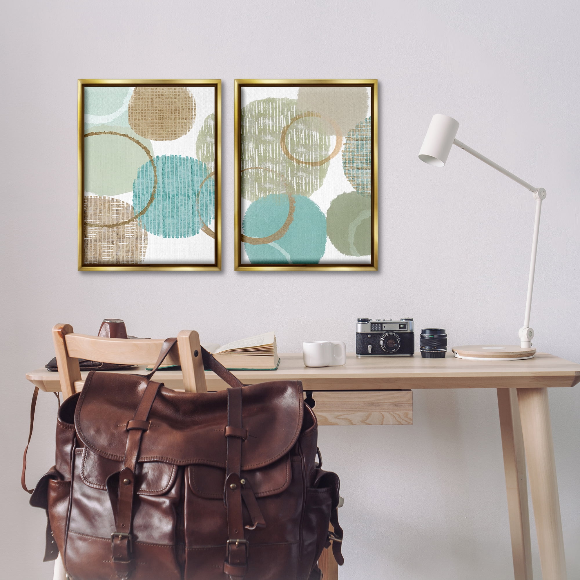 Stupell Industries Textured Layered Aqua Circles Abstract Painting Gold Floater Framed Canvas Art Print Wall Art, 17 x 25, Set of 2