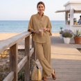 thumbnail image 5 of Women's Waffle Sets 2 Piece Batwing Sleeve Button Down Shirt Pants Outfit Casual Summer Vacation Clothing Khaki L, 5 of 7