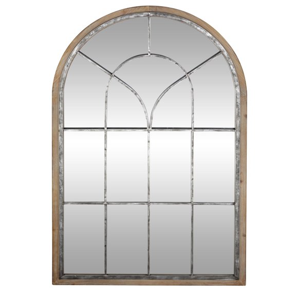 DecMode Farmhouse Glass Arched Window Pane Shape Wall Mirror with Distressed Brown/Whitewashed Finish, 33"W x 51"H