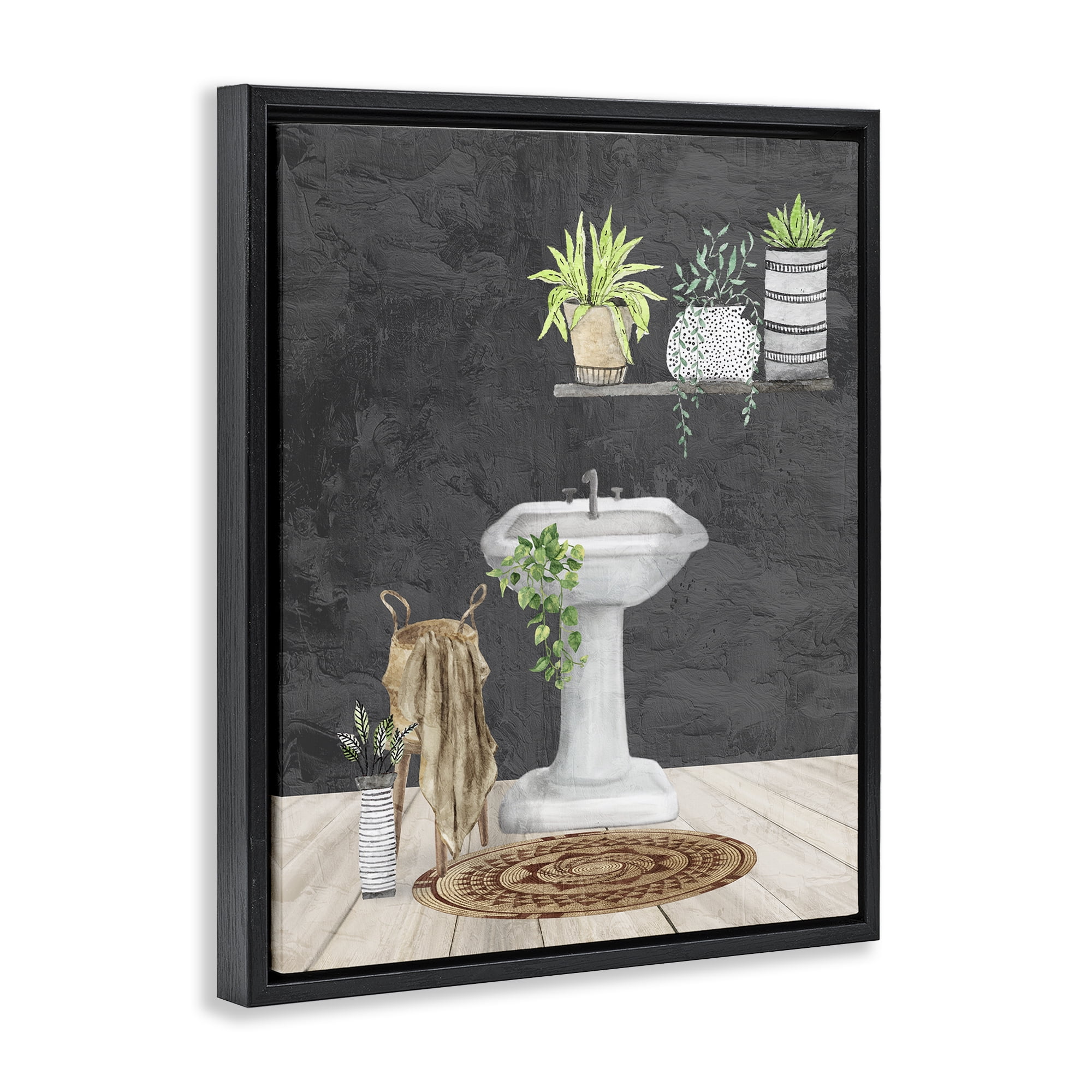 Stupell Industries Relaxing Bathroom Scene Bath & Laundry Painting Black Floater Framed Canvas Art Print Wall Art, 17 x 21