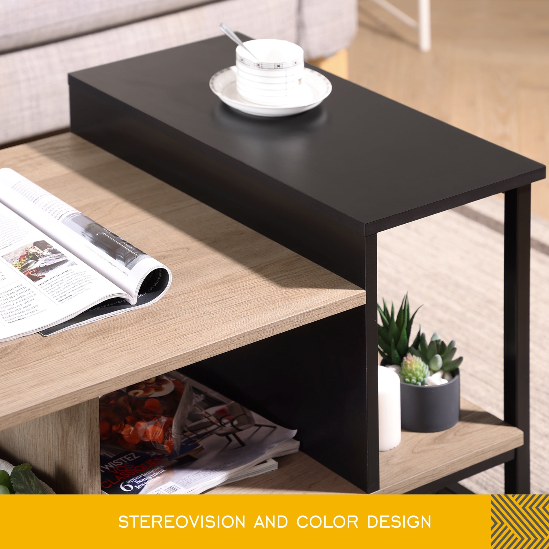 FITUEYES Industrial Wood and Metal with Shelves Coffee Table, Oak/Black