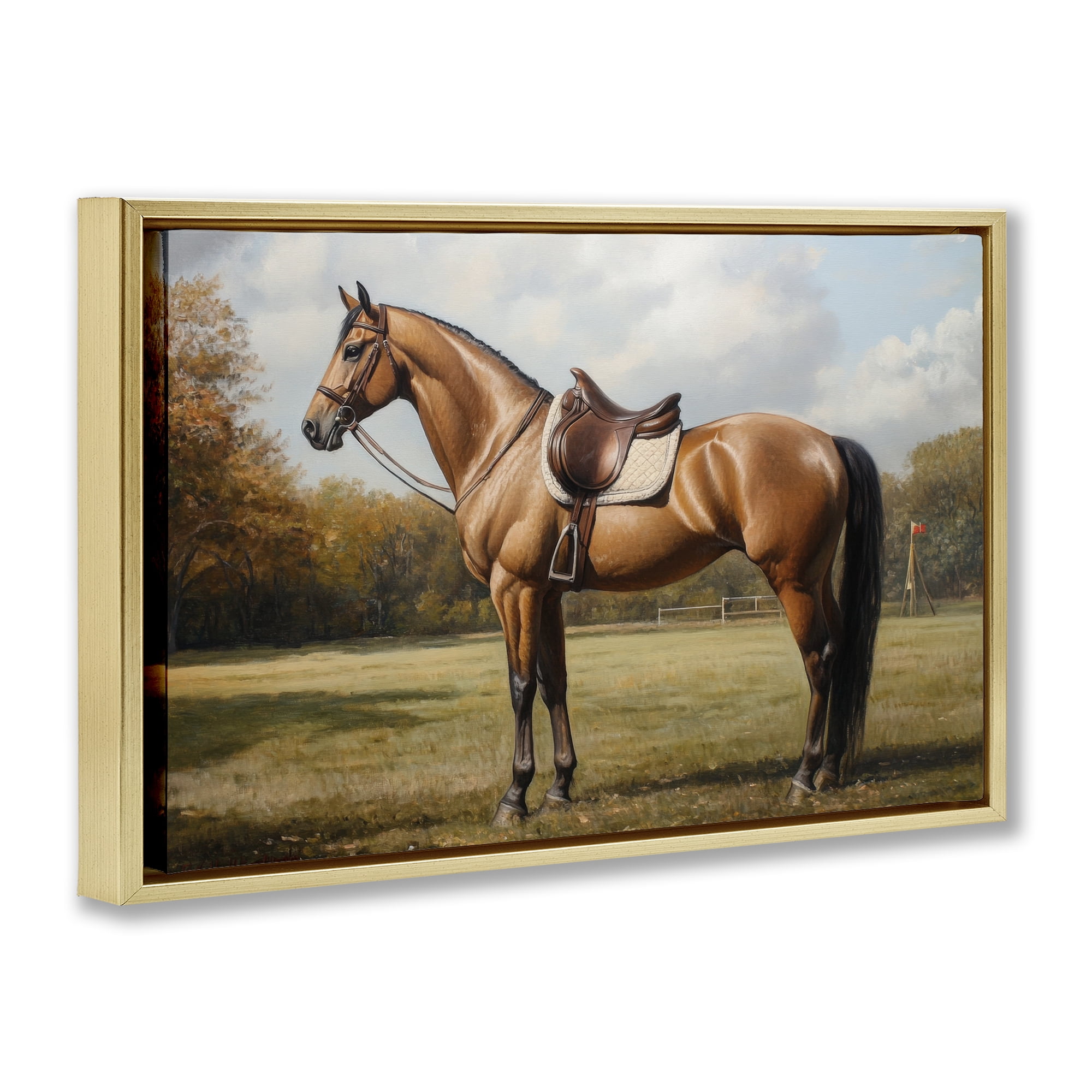 Stupell Industries Show Ready Horse with Saddle Gold Framed Floater Canvas Wall Art, design by Petal Prints Design