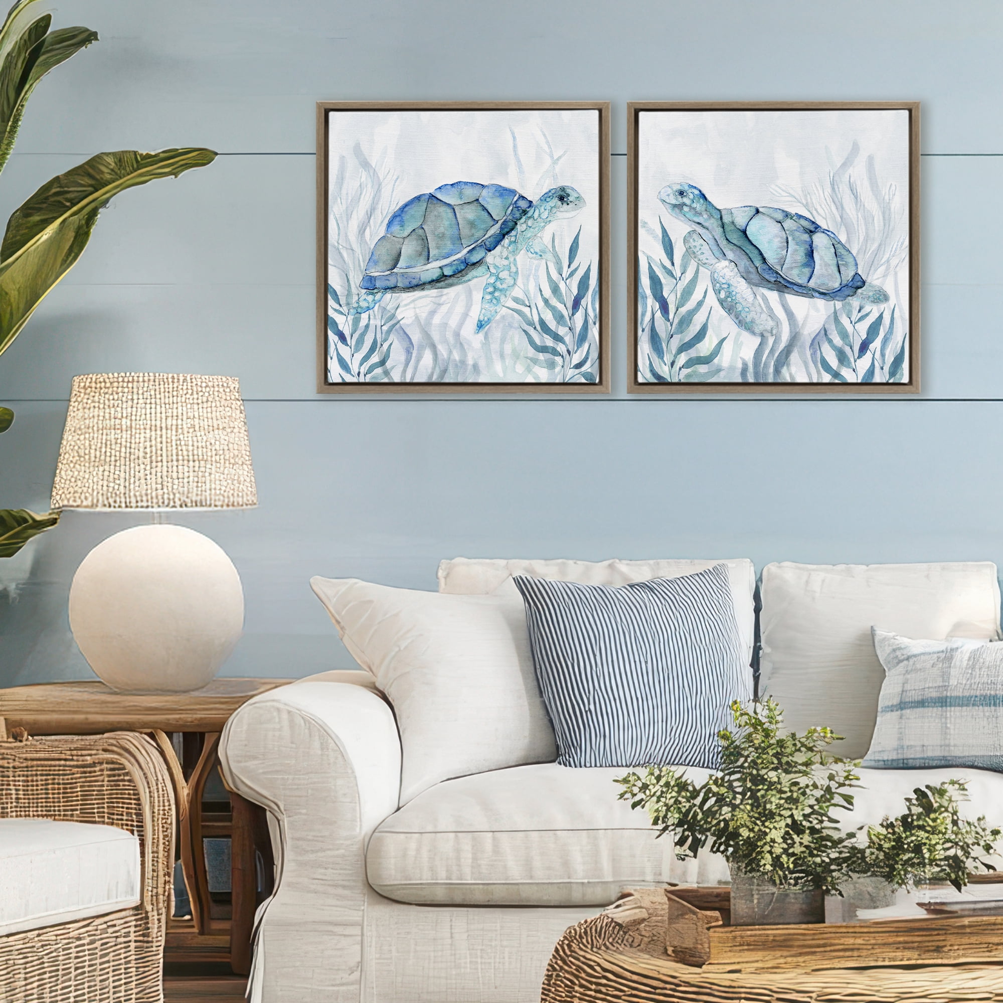 Stupell Industries Subtle Smiling Sea Turtles 2 Piece Brown Framed Floater Canvas Set, design by Janet Tava