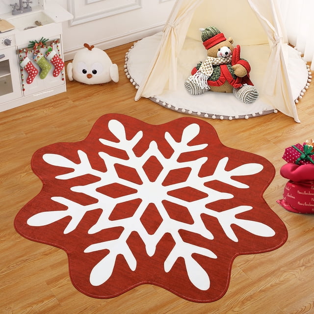 Hasoo Christmas Snowflake Shaped Indoor Home Decor Carpet 3'x 3' Red Area Rug for Living Room