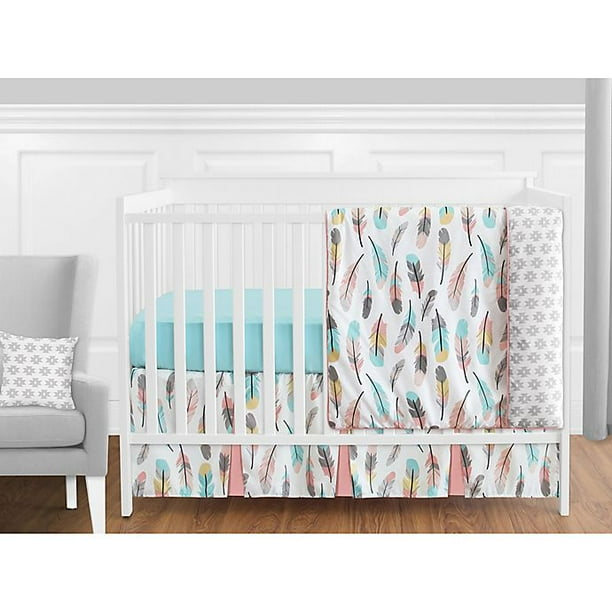 Sweet Jojo Designs Feather 11 Piece Crib Bedding Set In Turquoise Coral Walmart Com Walmart Com