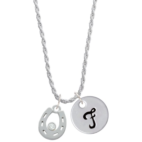 Delight Jewelry Silvertone Horseshoe with Clear Crystal Silvertone Script Initial Disc - F - Charm Necklace, 20"+3"