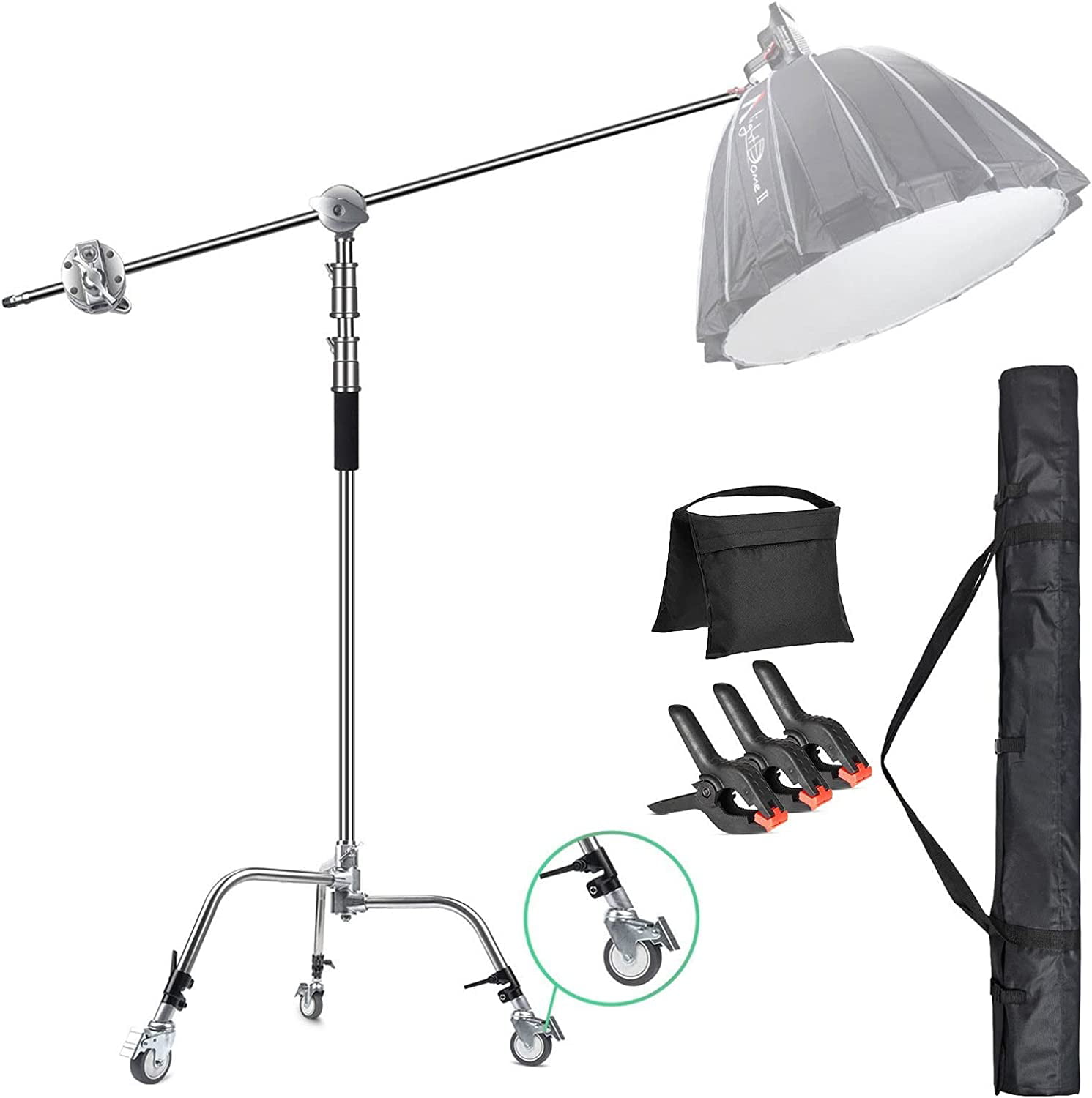 EACHSHOT C Stand Metal w/Bag Wheel Sandbag Clip Max 10.8ft/330cm with 3.28ft/106cm Holding Arm 2 Pieces Grip Head for Godox AD400 Pro AD600 Pro AD600BM Aputure 120D 300D II for Photography Studio 