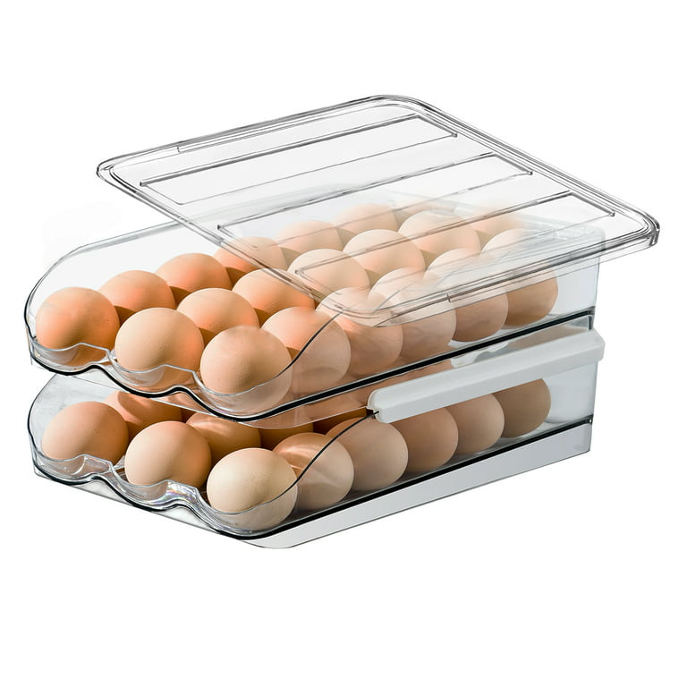 HERSONG Egg Holder for Refrigerator, Rolling Large Capacity Egg Container  for with Detachable Lid, Stackable Egg Tray Organizer Bins for Refrigerator