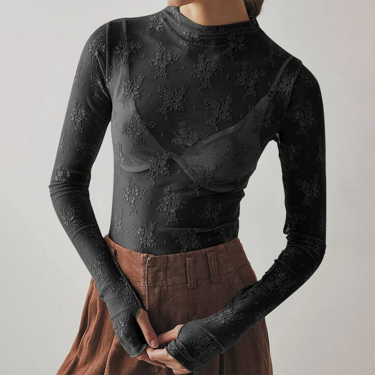 Jinhomg Women's Mesh Tops Elegant Lace Floral Sheer Blouse