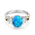 thumbnail image 2 of Gem Stone King 925 Silver and 10K Yellow Gold 3-Stone Ring Oval Cabochon Blue Simulated Opal and Moissanite (1.07 Cttw, Size 6), 2 of 3