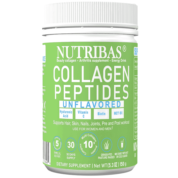 NUTRIBAS Vitality Fit Multi Collagen Powder, Unflavored, with Biotin, HA, MCT, Vitamin C for Hair, Skin, Nails & Joints, 5.3 oz, 15 (10 G) Servings