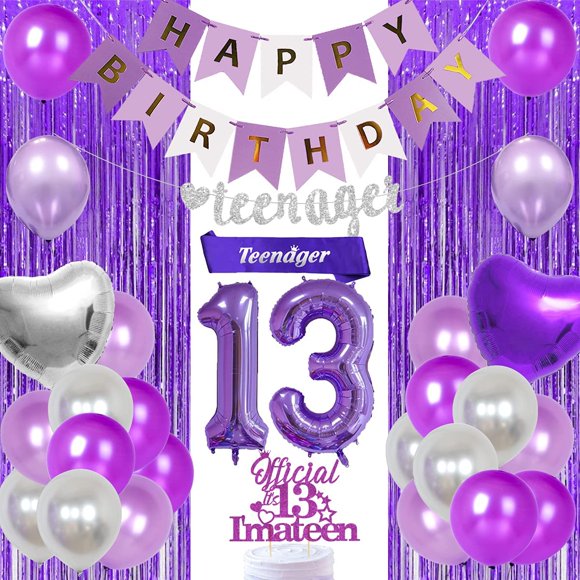 Décorations de 13e Anniversaire pour Filles Violet et Argent, Décorations d'Anniversaire pour Adolescente - Bannière de Ceinture pour Adolescente, Décoration de Gâteau, Rideau à Franges, Fournitures pour Fête de 13e Anniversaire