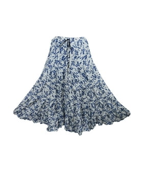 Mogul Womens Full Flared Maxi Skirt Blue White Hippie Boho Beach Fashion Skirts