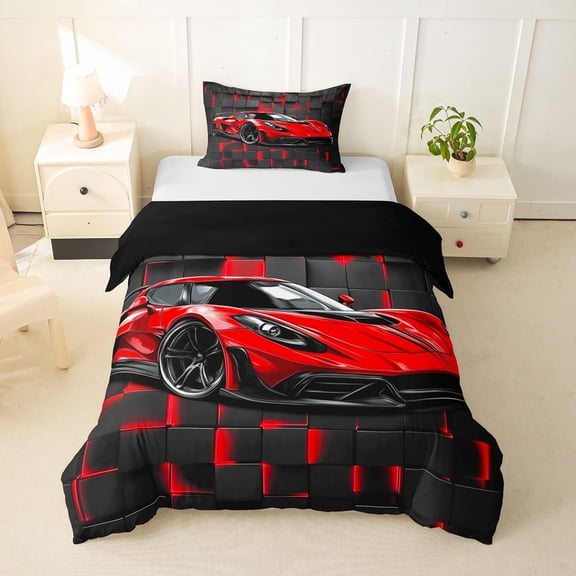 Castle Fairy Neon Red Sports Car Twin Bedding for Teens, Grid Print Duvet Cover Set for Bedroom, Red Black,Black Reversible,2pcs,No Comforter