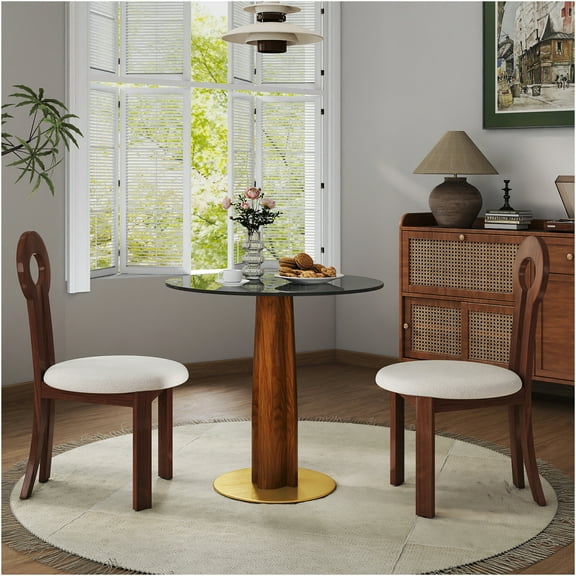 JERFIT Modern Round Dining Table for Small Space, 35 Inch Tempered Glass Top with Wood Leg and Gold Base, Kitchen Table for Two, Breakfast Nook or Office Desk