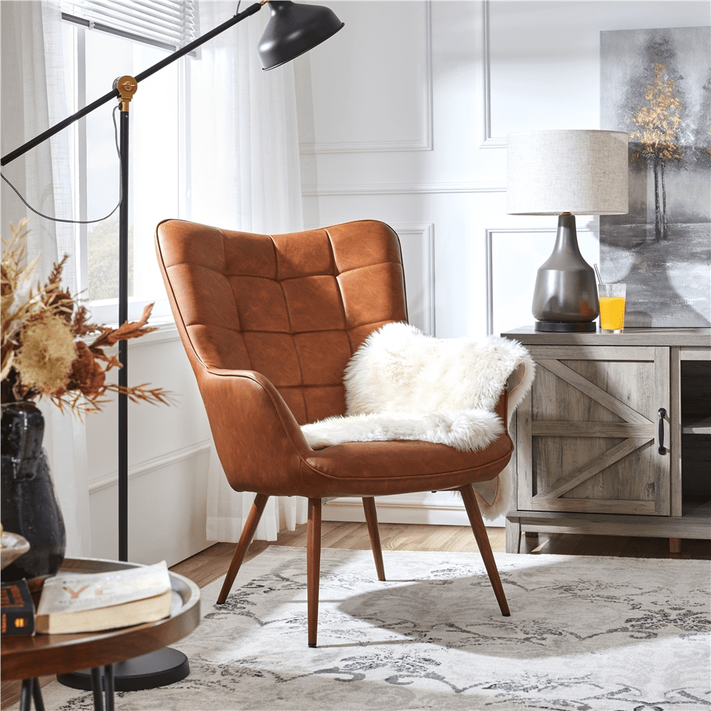 Alden Design Mid-Century Modern Faux Leather Wingback Accent Chair, Brown