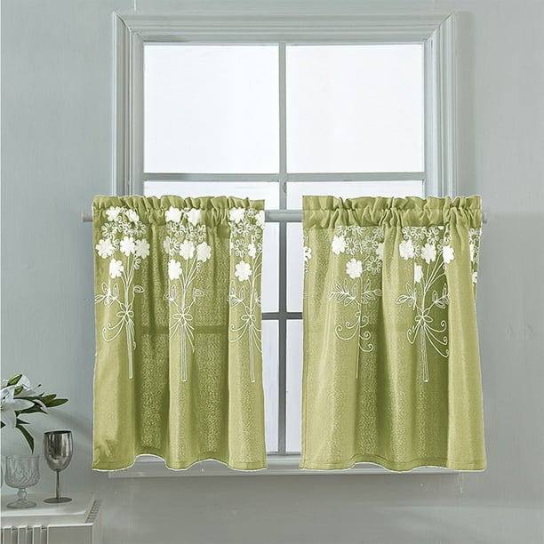 Cortina corta de poliéster azul marino bordada con lazo y borde a cuadros – Panel de ventana con bolsillo para barra que bloquea la luz, ideal para cocina, baño o habitación pequeña.