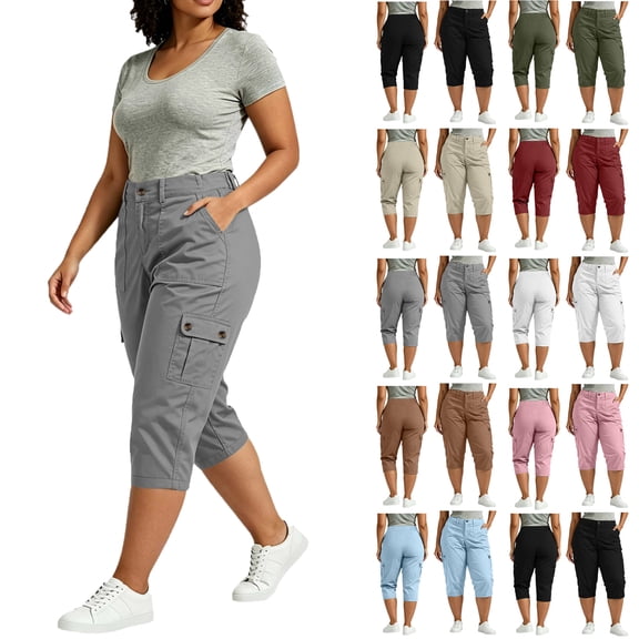 Capri Pants for Women Plus Size Summer Solid Color Straight Leg Elastic Waist Fashion Beach Casual Cargo Pants with Pocket Outdoor Sport Cropped Pants Workwear L-5XL
