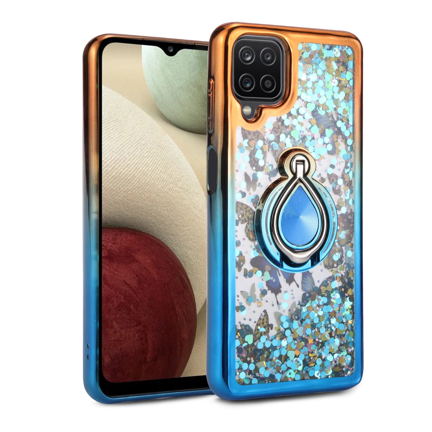 Samsung Galaxy A12 Phone Case, New Kickstand Ring Liquid Glitter Dual Colors for