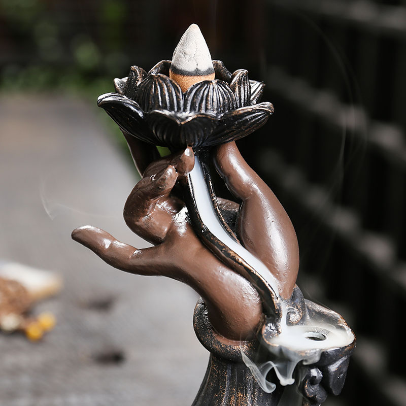 Resin Buddha Hand Backflow Incense Burner Creative Lotus Zen Bergamot Waterfall Smoke Reflux Incense Fragrance Holder Home Ornaments, Brown