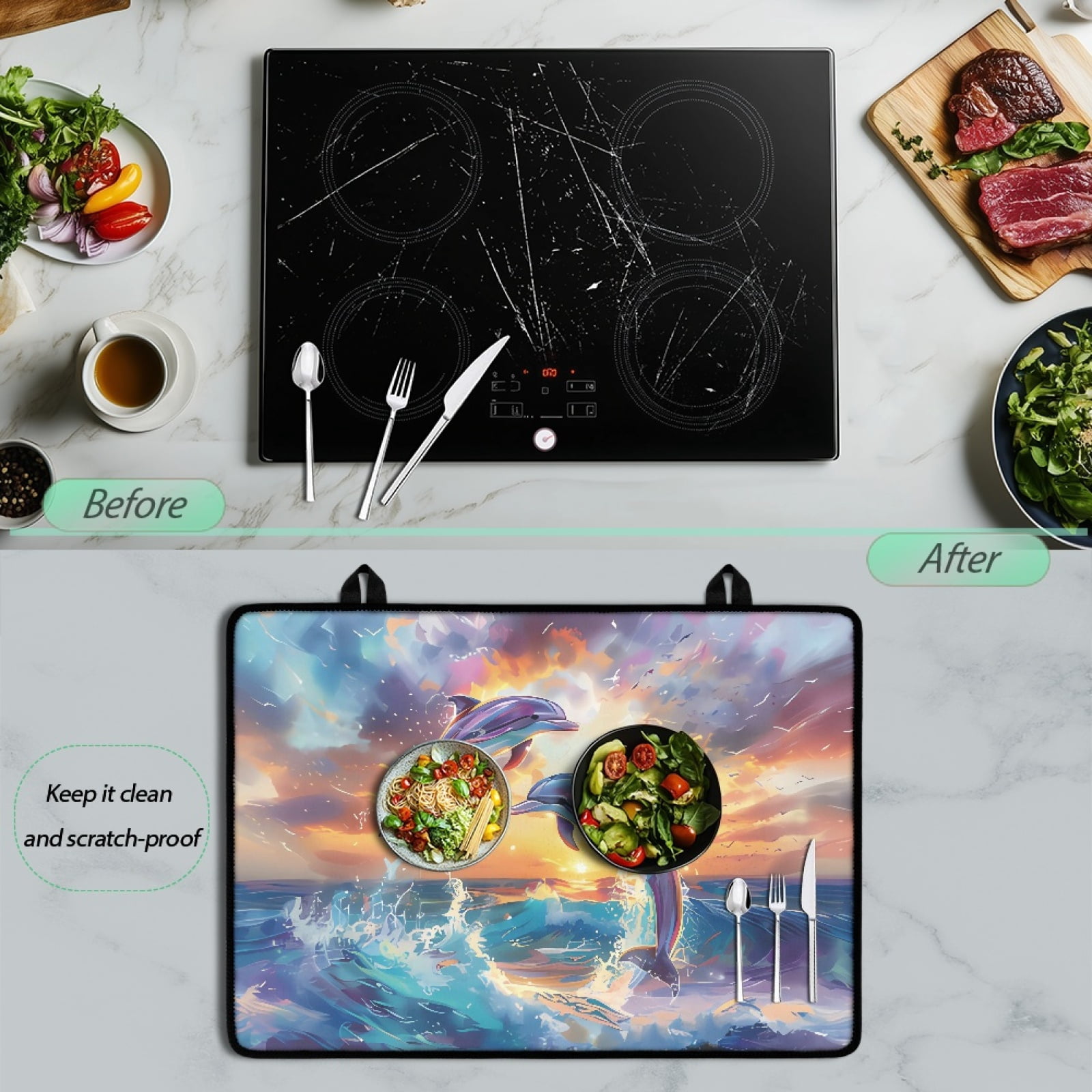 Renewold Stove Cover for Cooktop, Electric Stovetop Protector Cover Non-skid Induction Electric Stove Burner Cover Multipurpose Mat Easy to Clean, Dolphin Sea