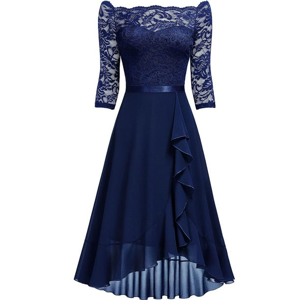 chinese dress ladies Half Sleeves Navy Blue Long Lace Prom Dresses, Dark Navy Blue Long Lac main image 1
