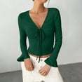 thumbnail image 2 of Womens Long Flared Sleeves Shirts Lace-up Spring Tops Solid Casual V Neck Knit Crop T-Shirts Blouse, 2 of 6