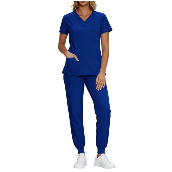 DeHolifer Women’s Sets V-Neck Solid Color Scrub Shirts and Long Pant 2 Piece Work Sets with Pocket Blue M