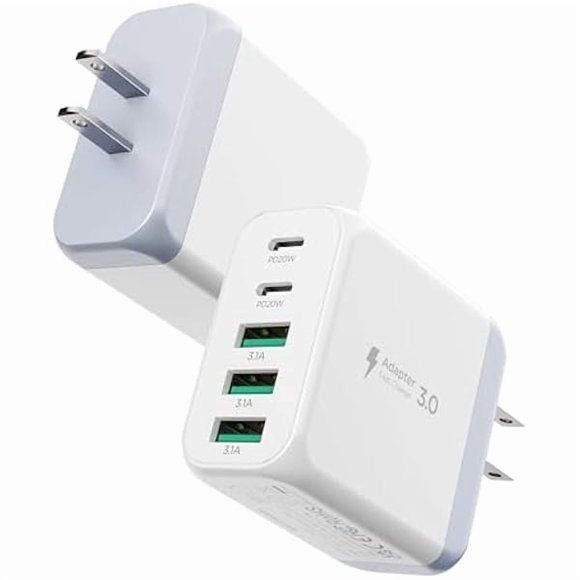 LinQingQ USB C Charger Block,50W 5-Port Fast Wall Charger,Dual Type-C & USB-A Multiport Charging Cube for iPhone 17/16/15/14/13 Pro Max,iPad,Samsung Galaxy–2 Pack,White